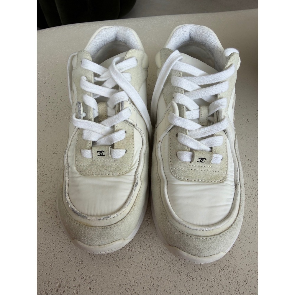 CHANEL G34360 CC Logo Suede Nylon Chunky Sneakers White Ivory EU 37 US 6.5